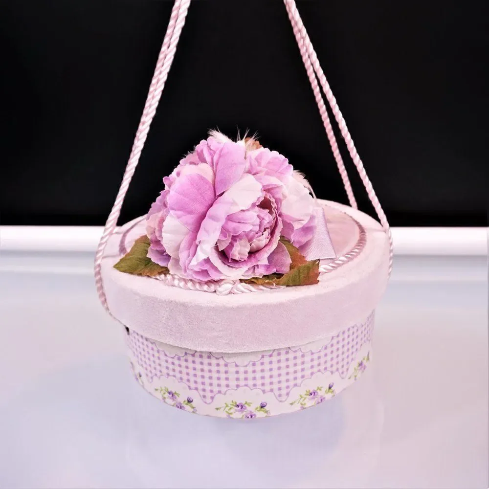 Vintage Decorative Gift Box Floral Lavender Round Keepsake Box Faux Flowers Lid